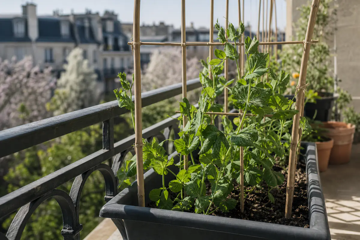Jardinière de balcon avec des plants de pois mangetout grimpant sur un léger treillis, terrasse française