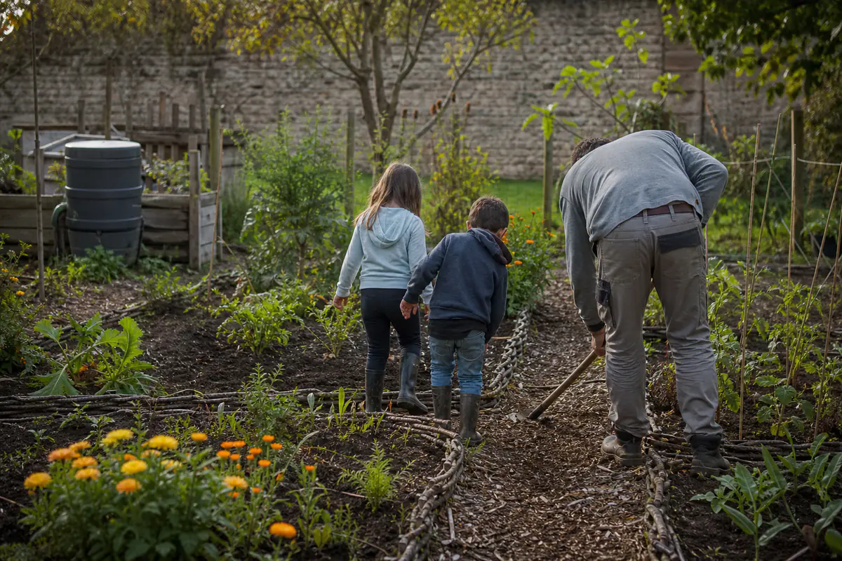 Jardiniers de tous âges aménageant des planches de légumes paillées dans un potager collectif partagé