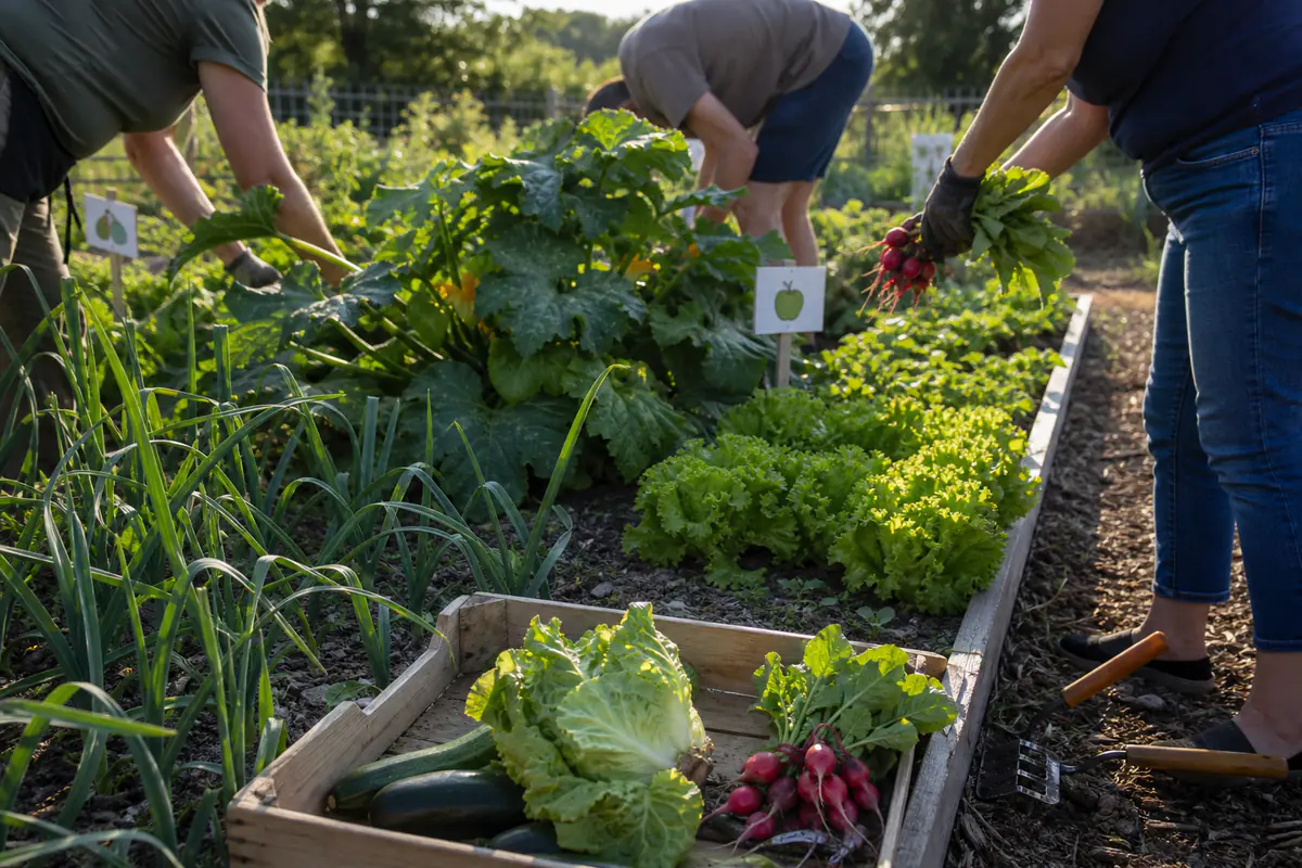 Groupe de jardiniers récoltant salades et radis dans un potager collectif destiné au partage alimentaire.