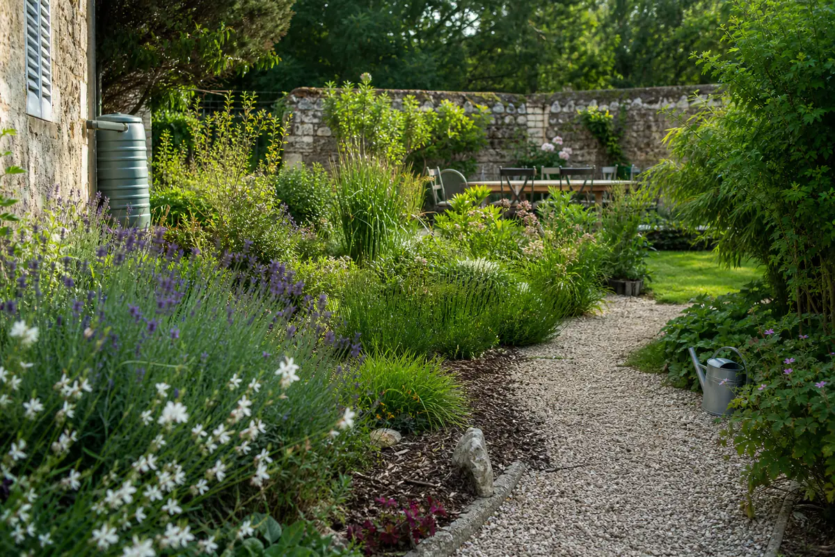Jardin familial durable avec massif fleuri, paillage organique, récupération d’eau et allée perméable