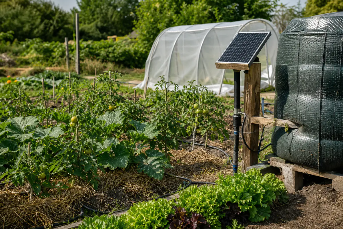 Potager familial avec panneau solaire, cuve d’eau et tuyaux goutte-à-goutte au pied des tomates