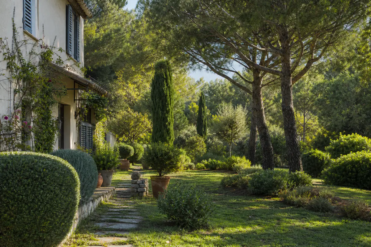 Maison en lisière avec jardin débroussaillé, arbres espacés et végétation basse entretenue