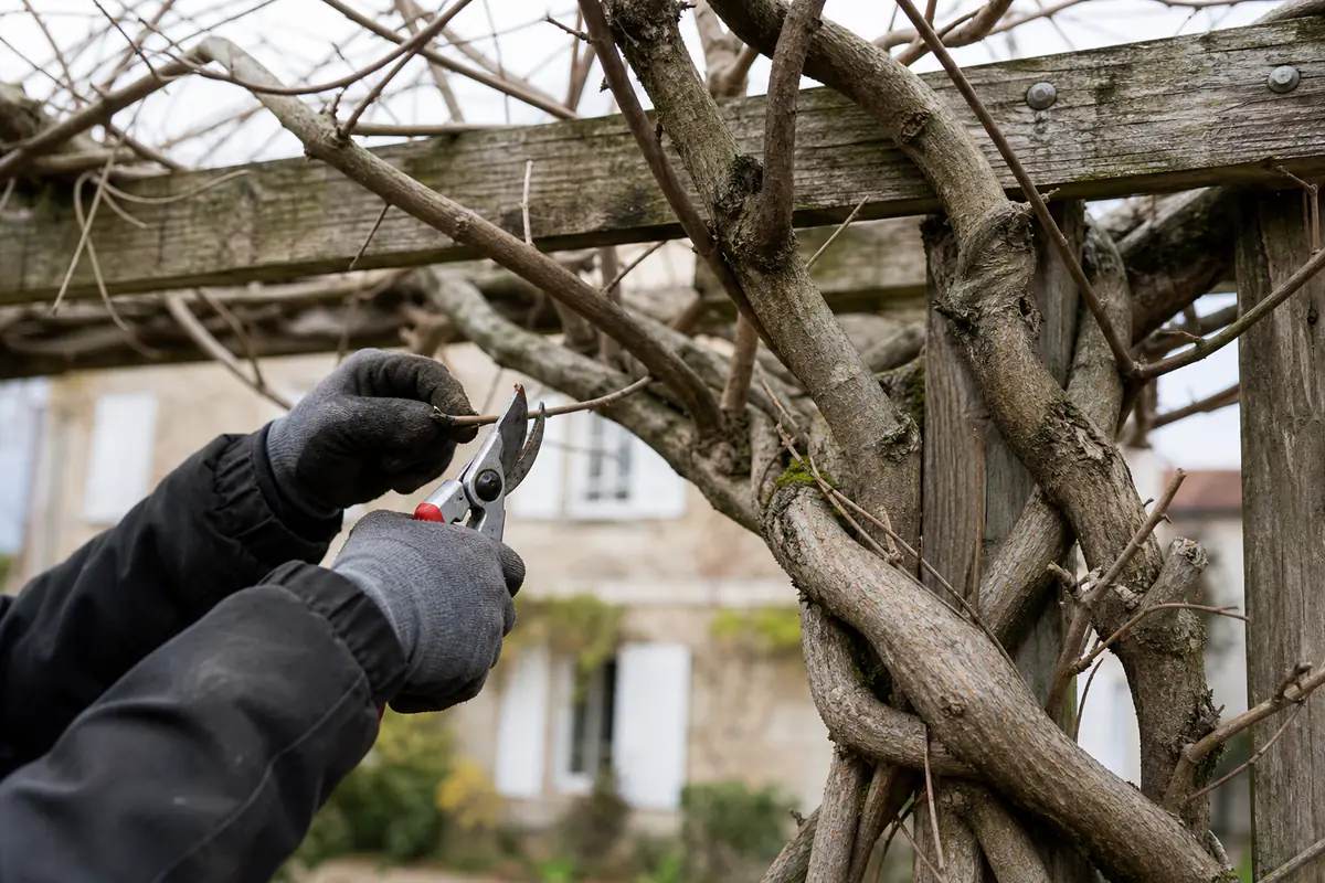 Jardinier taillant les rameaux courts d’une glycine sur une pergola en décembre, par lumière hivernale douce
