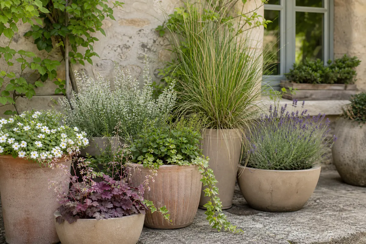 Composition élégante de grands pots en terre cuite et plantes vivaces sur une terrasse de jardin française