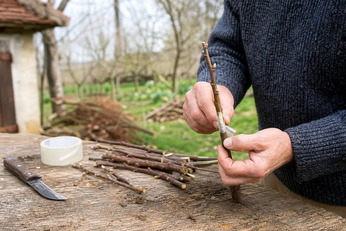 Jardinier réalisant une greffe anglaise sur un jeune pommier avec greffon et lien de greffage