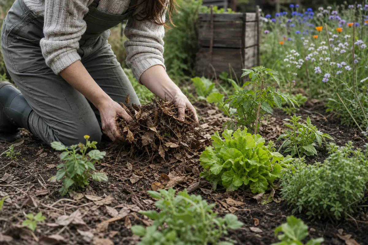 Jardinier paillant une planche de potager avec des feuilles dans un jardin écologique lumineux et vivant
