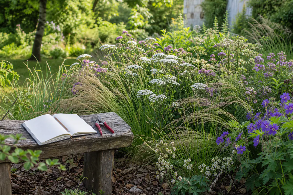 Massif naturel de vivaces, graminées et fleurs mellifères observé dans un jardin français lumineux