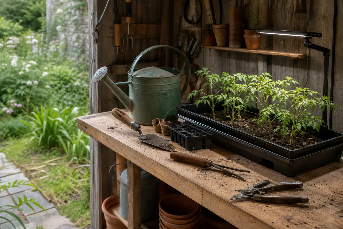 Outils manuels de jardin sur un établi, avec des semis éclairés par une lampe de culture réglable