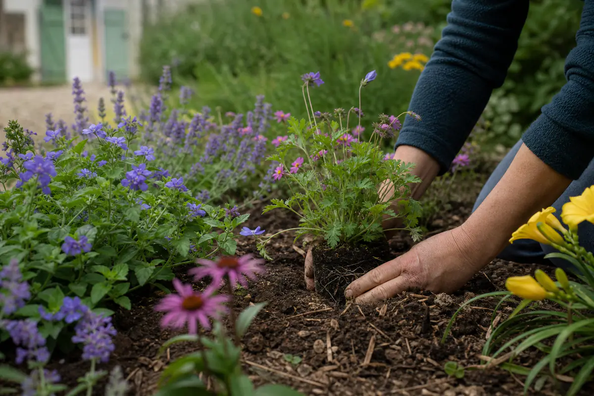Massif de géraniums vivaces, népétas, achillées et échinacées fraîchement plantés dans un jardin français