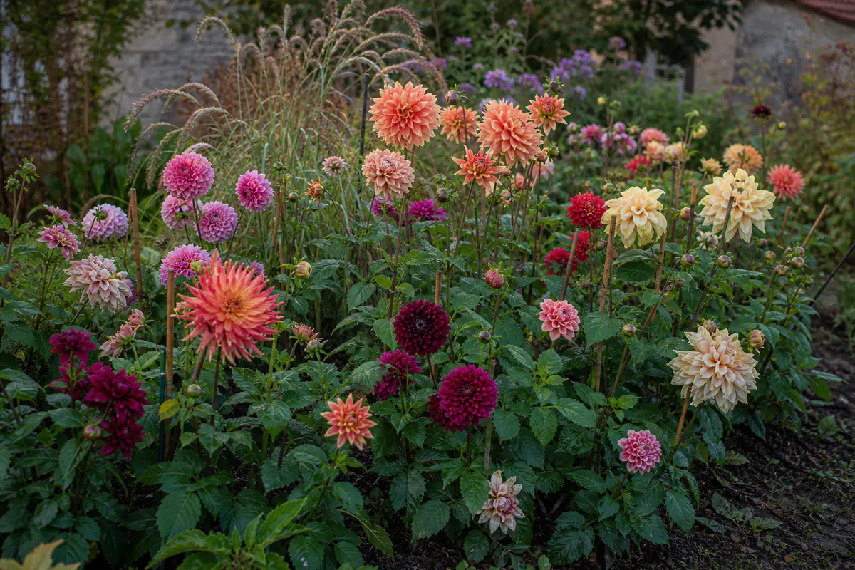 Dahlias roses, orange et pourpres en fleurs dans un massif de jardin français au début de l’automne