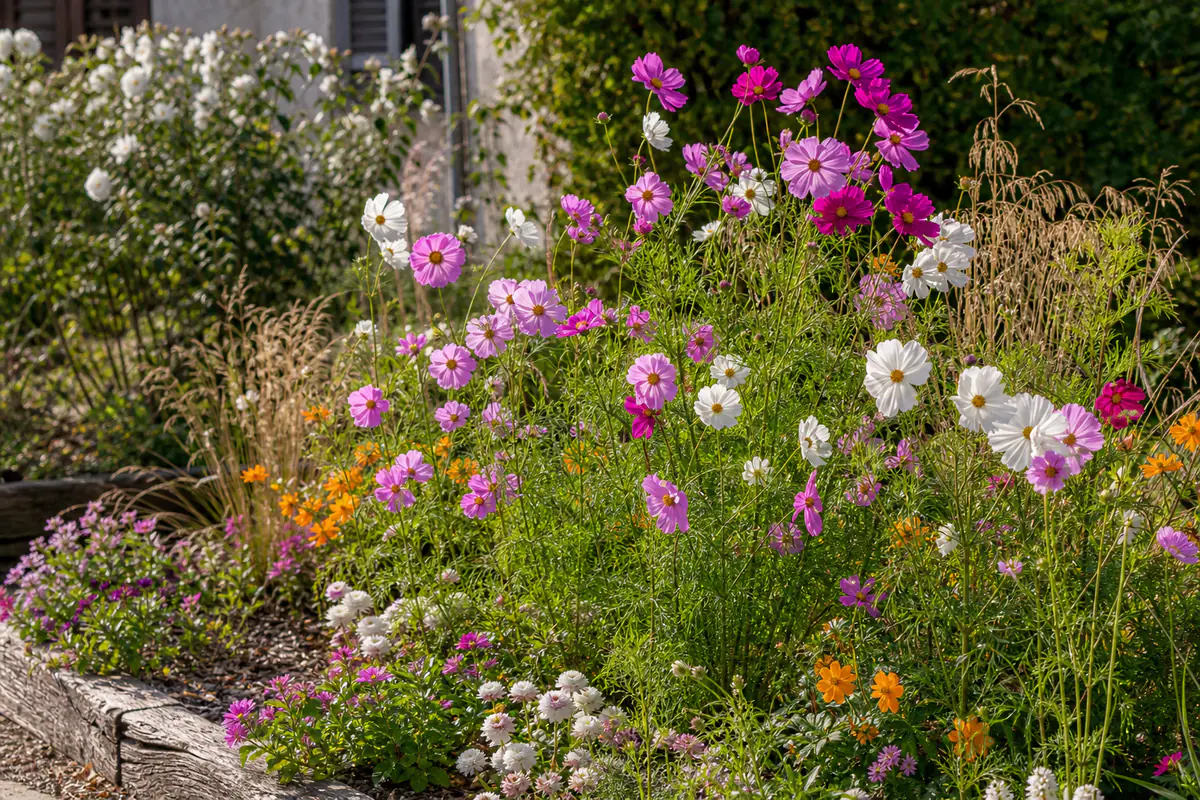 Massif de cosmos roses, blancs et orangés en fleurs dans un jardin français baigné de soleil estival.
