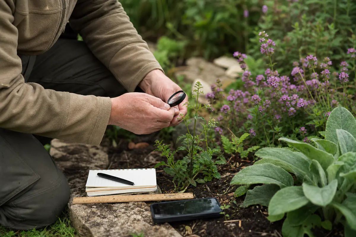 Jardinier observant avec une loupe les feuilles et la tige d’une plante spontanée dans un jardin fleuri