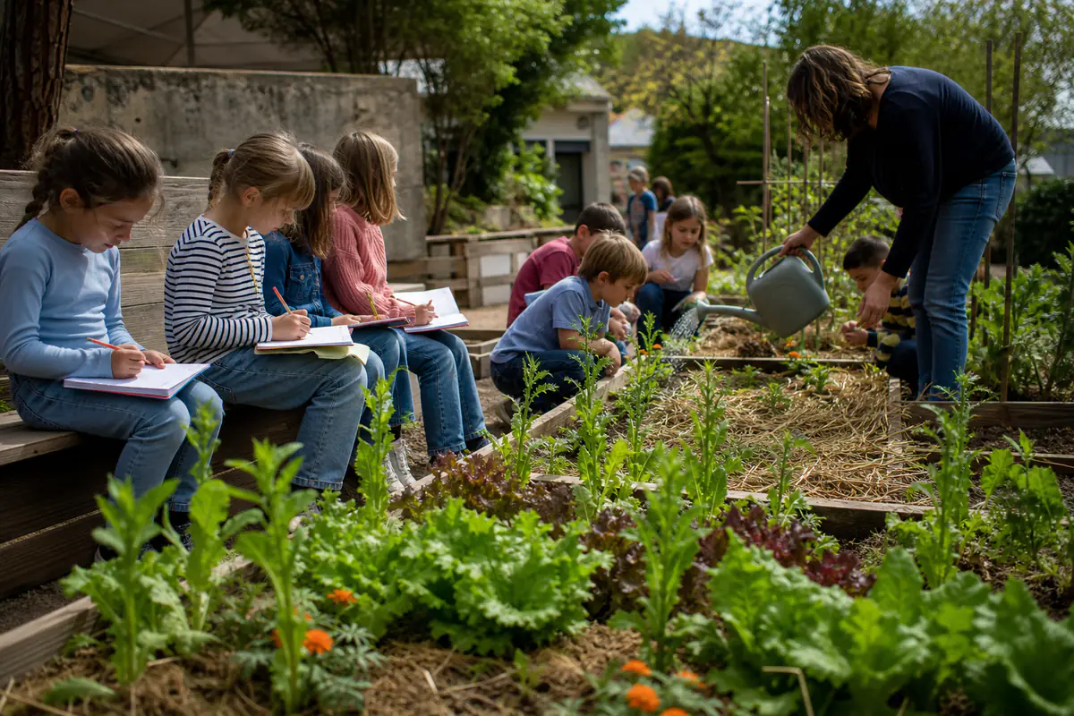 Enfants observant et arrosant un petit potager scolaire en bacs, dans une cour végétalisée et lumineuse.