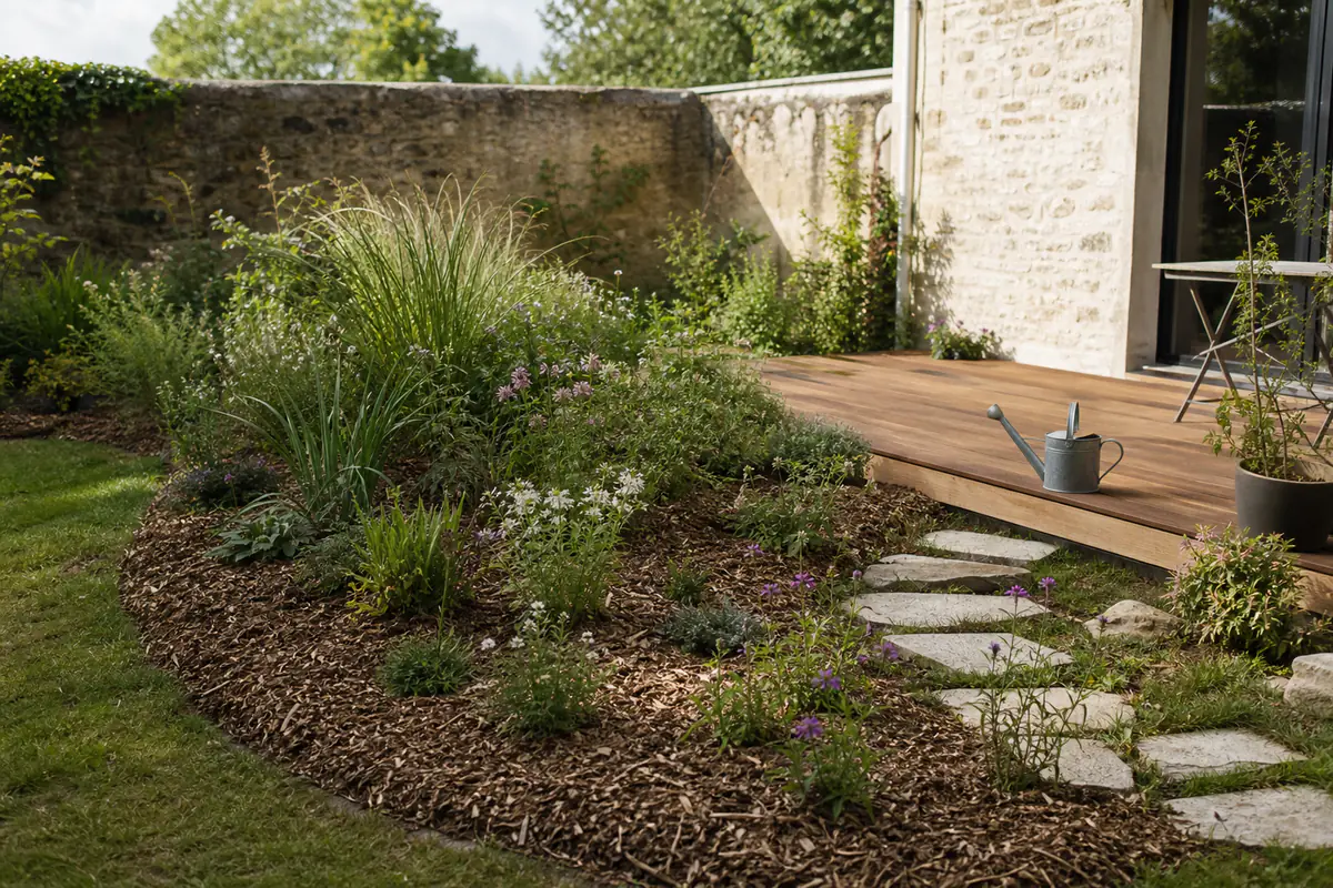 Jardin français réaménagé avec massif paillé, allée en pas japonais et plantations sobres autour d’une terrasse.