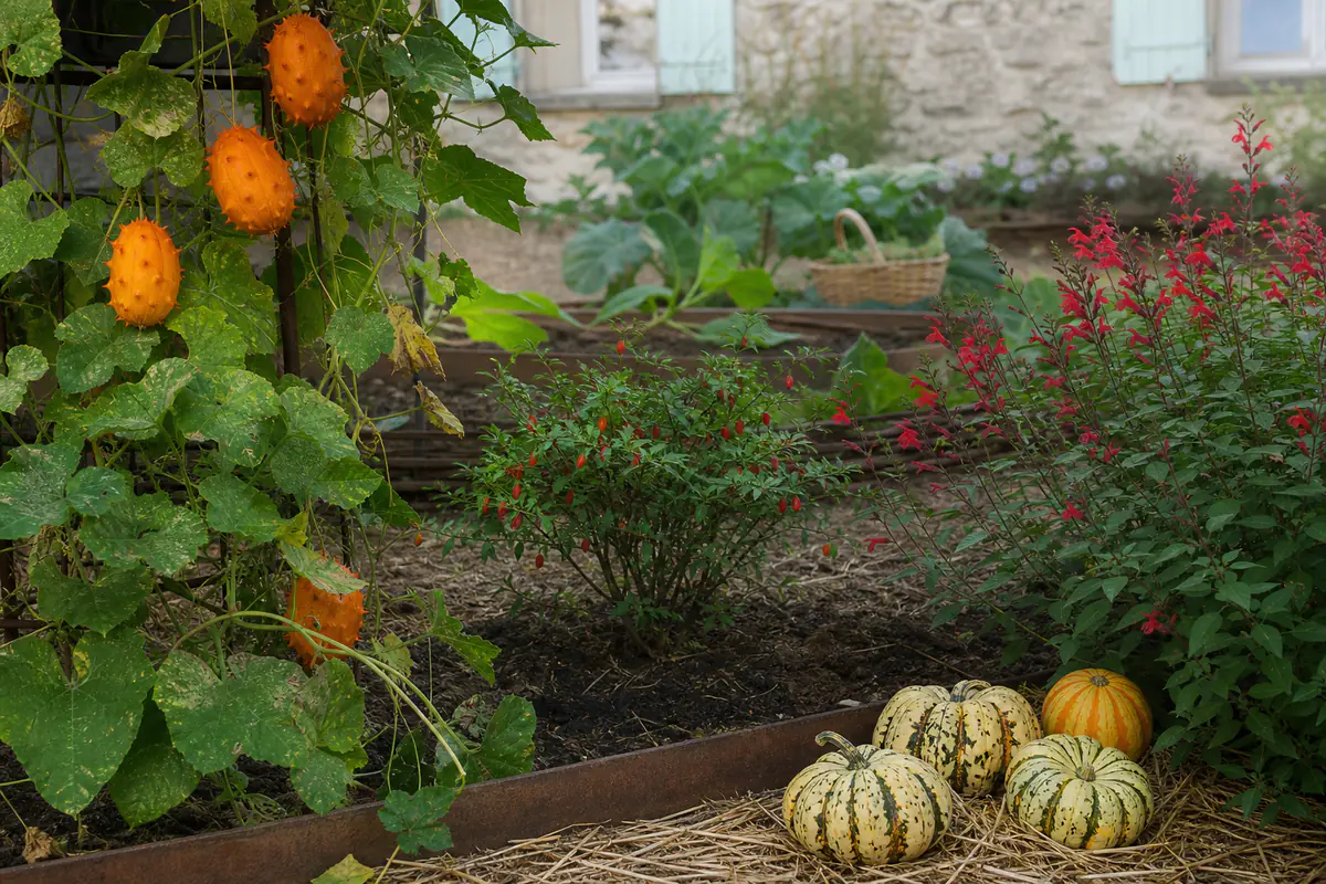 Potager français ensoleillé avec kiwano palissé, goji en baies, sauge ananas fleurie et courges popcorn