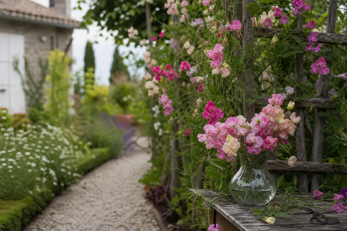 Pois de senteur roses et mauves grimpant sur un treillage en bois dans un jardin français lumineux