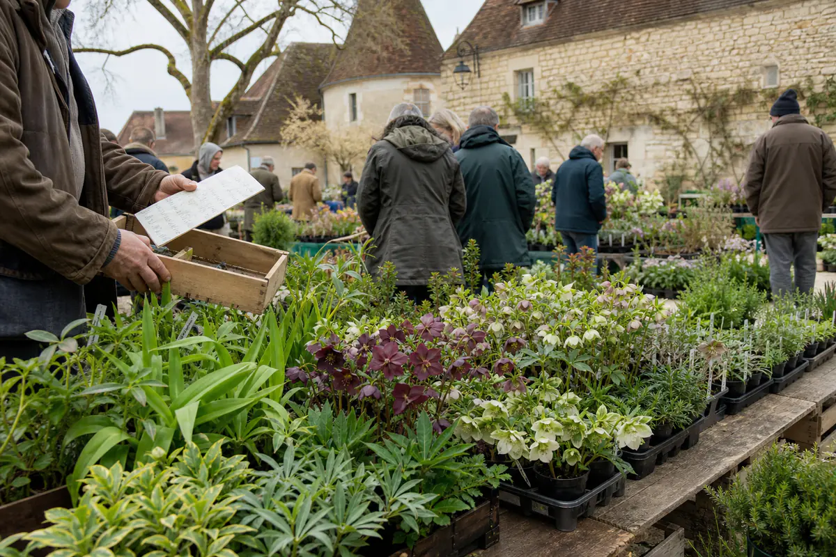 Visiteurs choisissant des vivaces et jeunes arbustes sur des stands de foire au jardinage en plein air