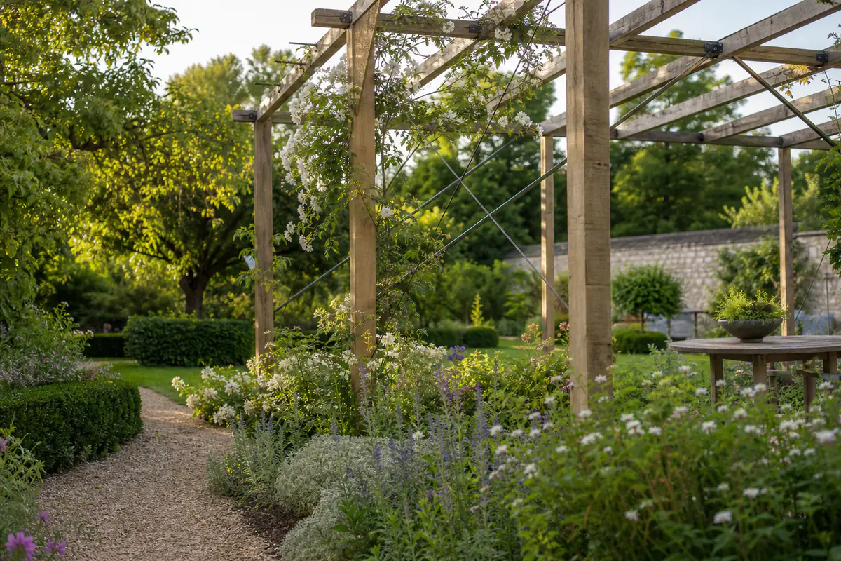 Pergola en bois durable et métal léger, couverte de plantes grimpantes au cœur d’un jardin fleuri français.