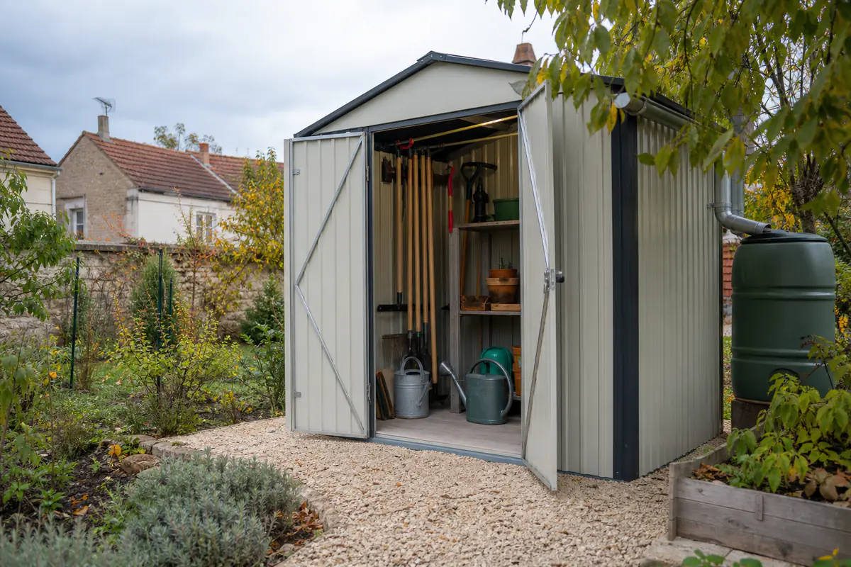 Abri de jardin compact en métal sur base drainante dans un jardin français planté à l’automne