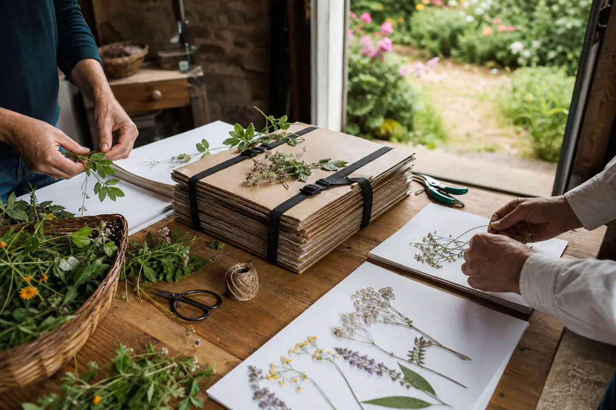 Atelier de création d’herbier avec plantes pressées, cartons, papiers absorbants et étiquettes manuscrites