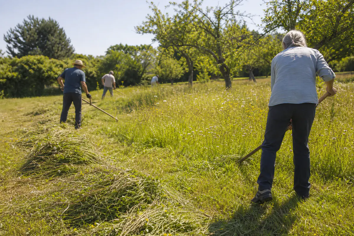 Participants espacés fauchant à la faux une prairie fleurie, avec des andains d’herbe au premier plan