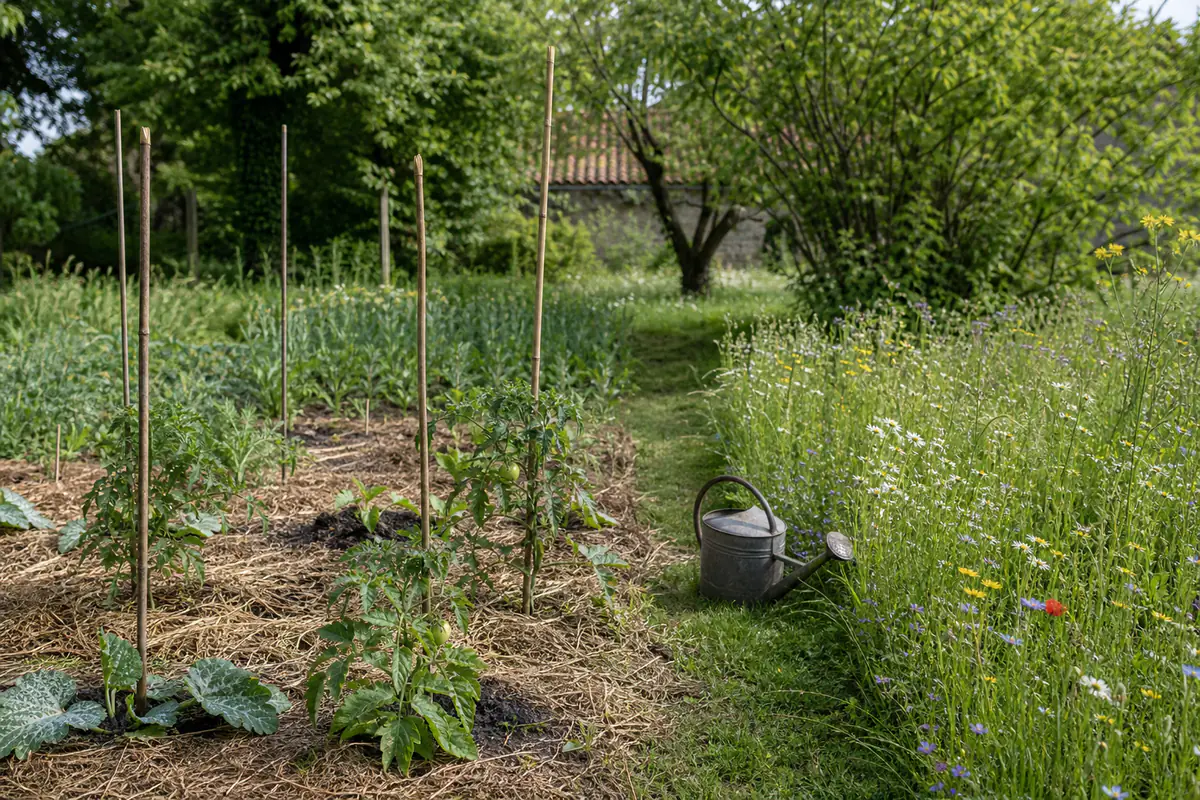 Jardin familial français en mai avec semis, plants paillés, zone fleurie non tondue et arrosoir posé au sol