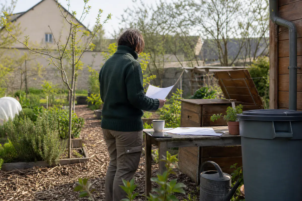 Jardinière française préparant un dossier d’aide près d’un récupérateur d’eau et d’un composteur en bois