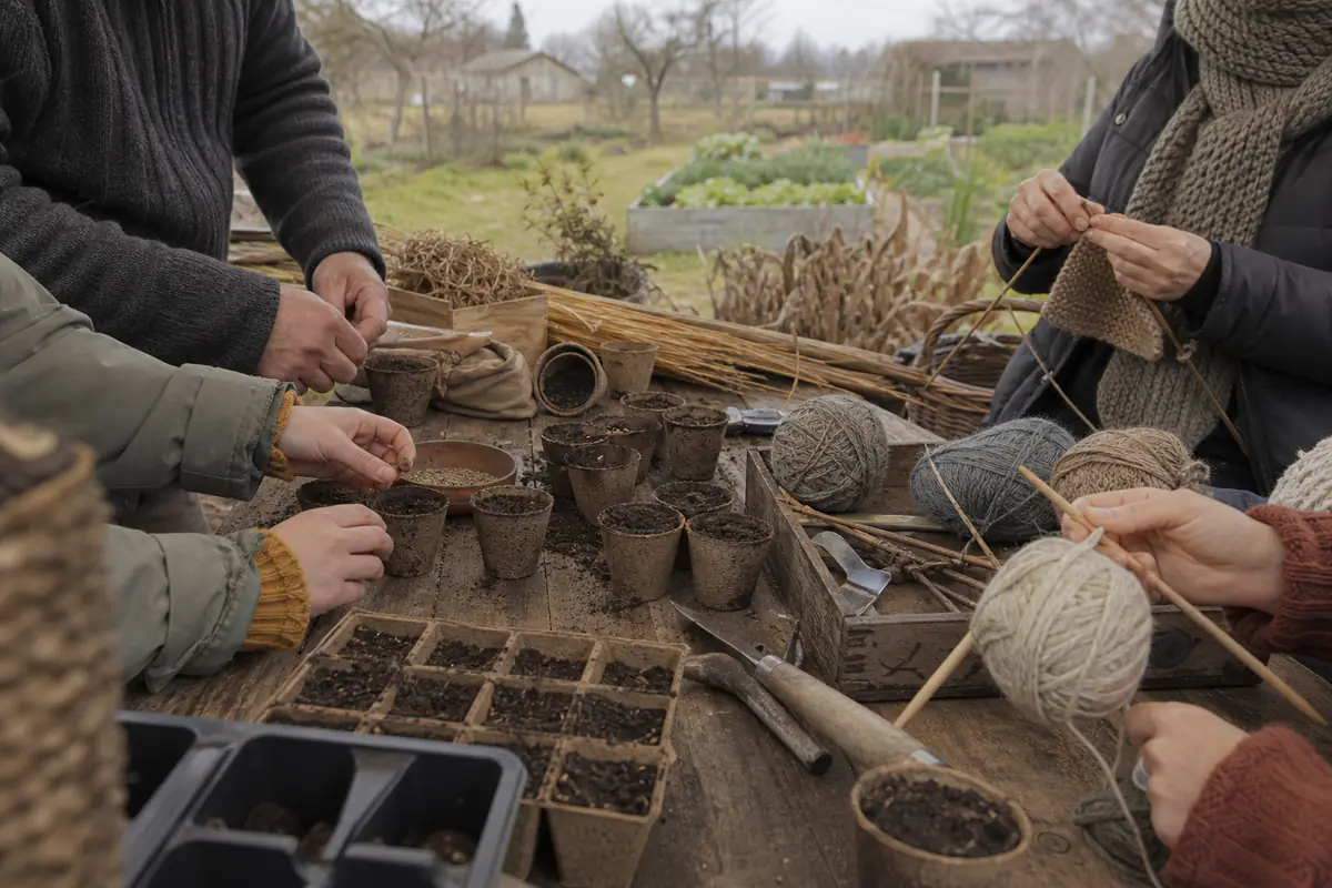 Participants réunis autour de godets de semis et de pelotes lors d’un atelier d’hiver dans un jardin français