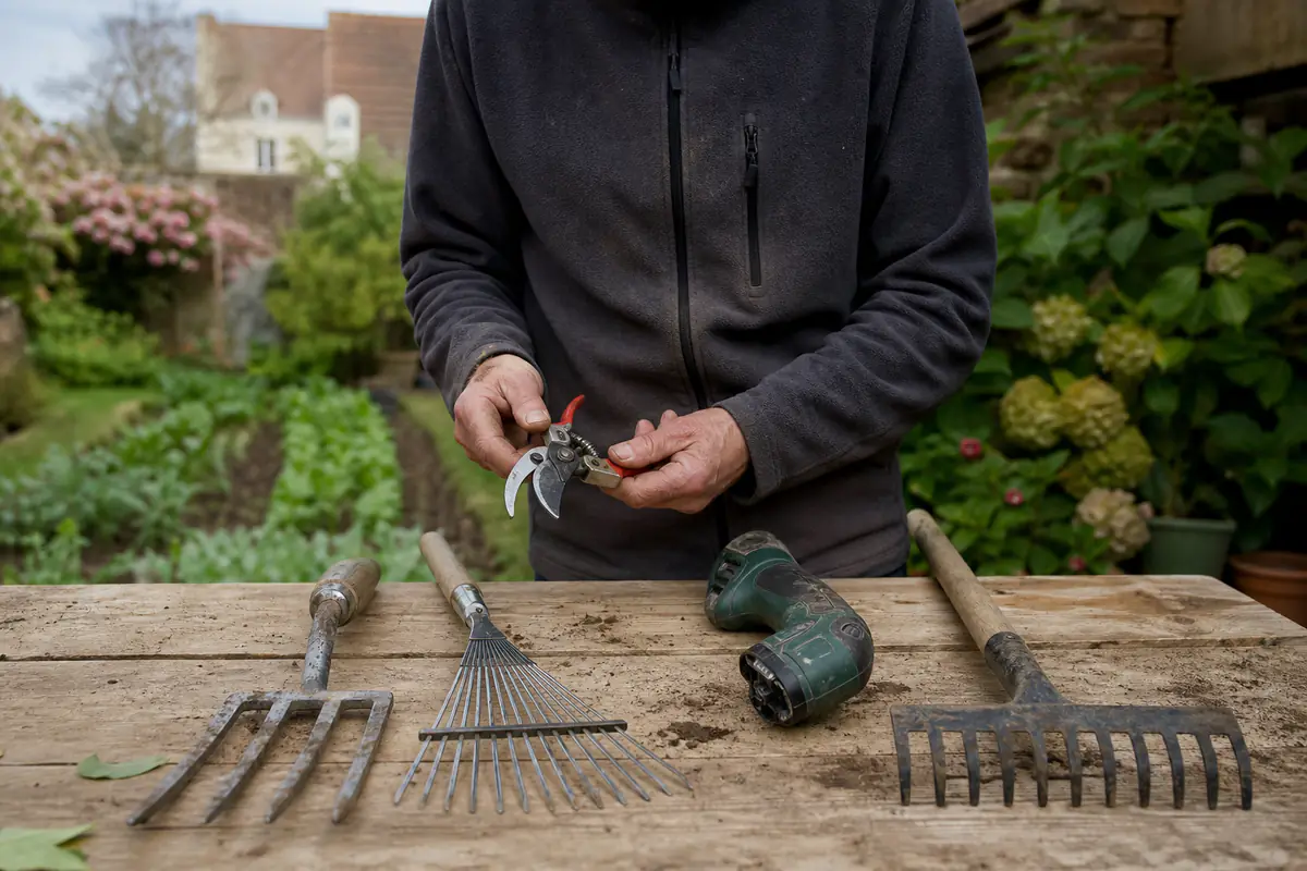 Jardinier comparant outils manuels et outils sans fil sur un établi dans un jardin français lumineux