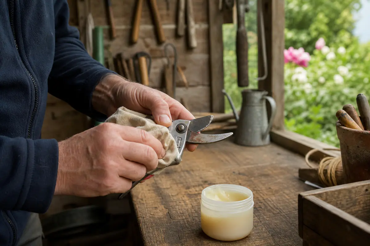 Main appliquant une fine couche de vaseline au chiffon sur le pivot d’un sécateur propre dans un jardin français