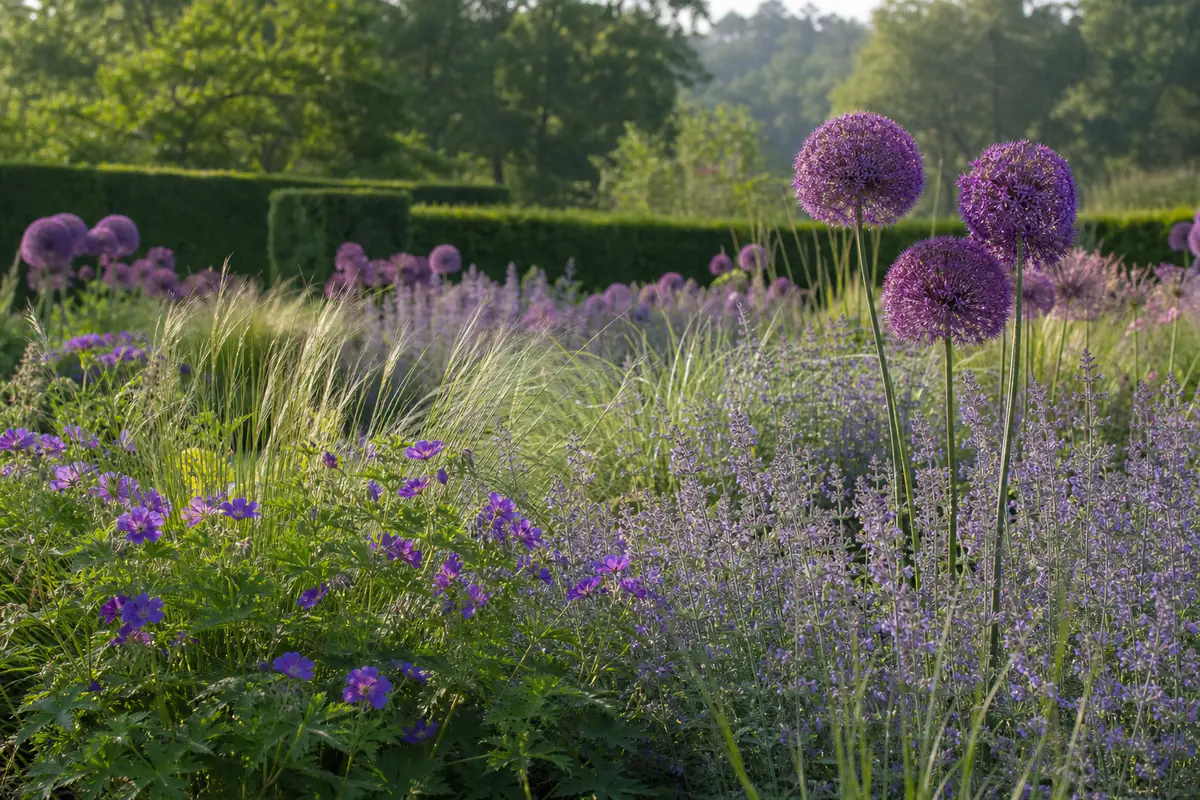 Grandes sphères violettes d’ail d’ornement émergeant d’un massif de vivaces et de graminées au soleil.
