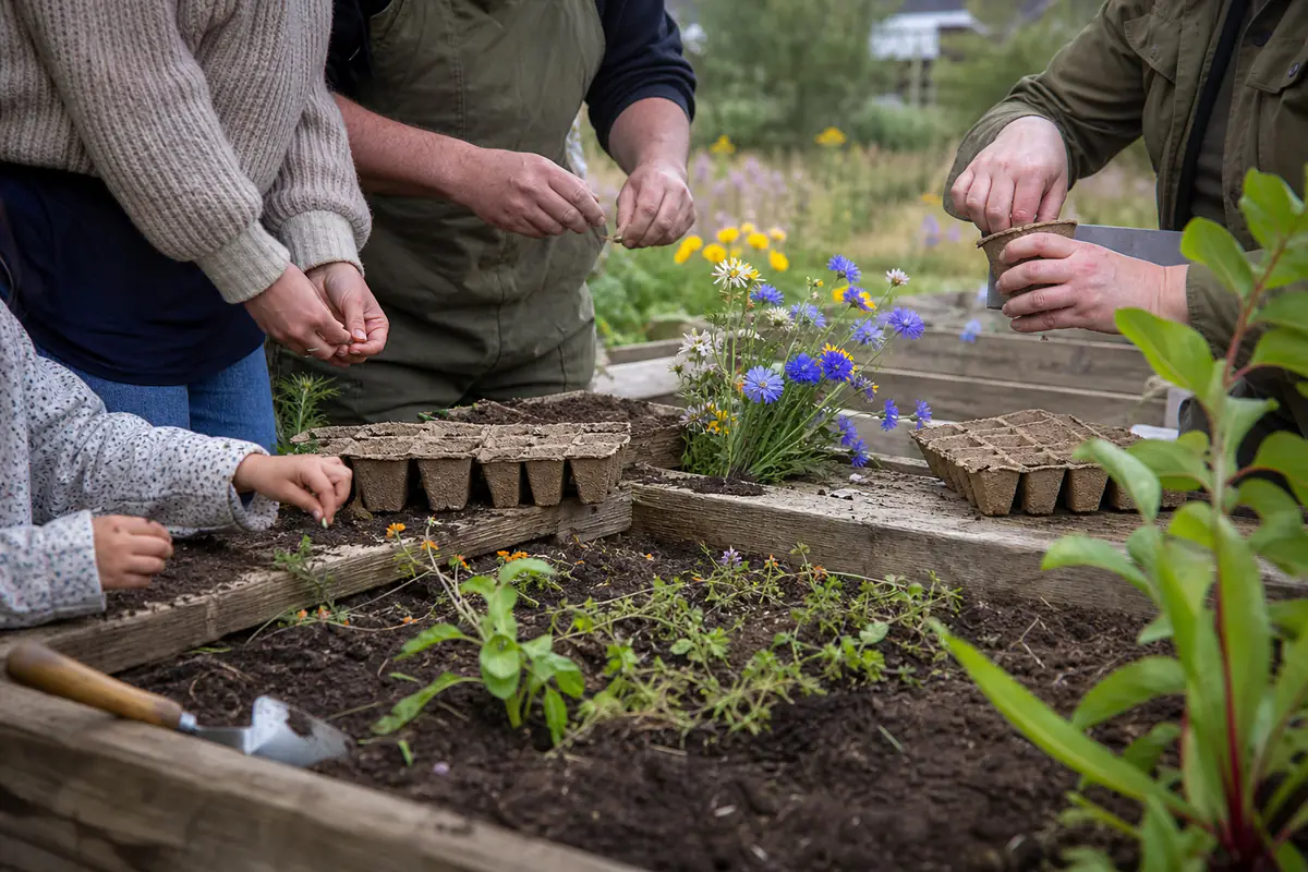 Famille participant à un atelier de semis dans un jardin partagé, avec outils manuels et jeunes plants