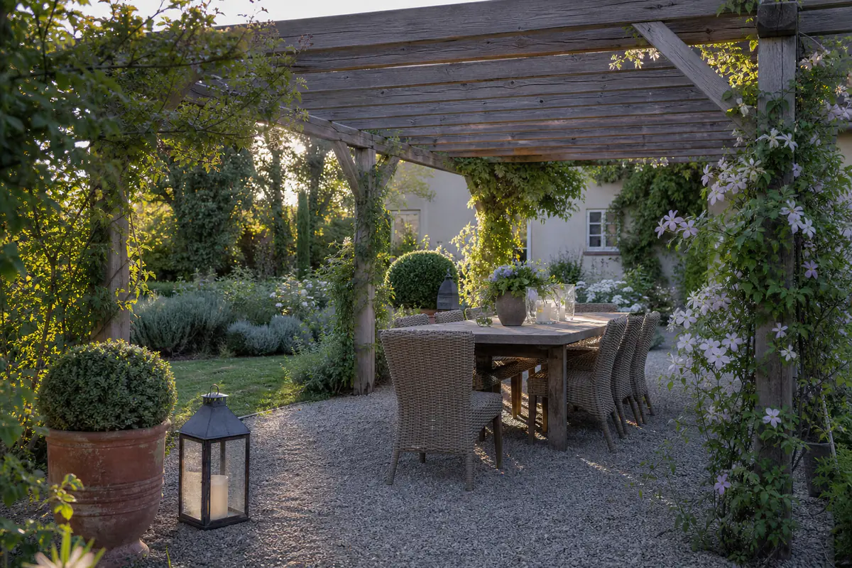 Pergola ouverte en bois sur une terrasse de jardin, sans parois, entourée de plantes grimpantes
