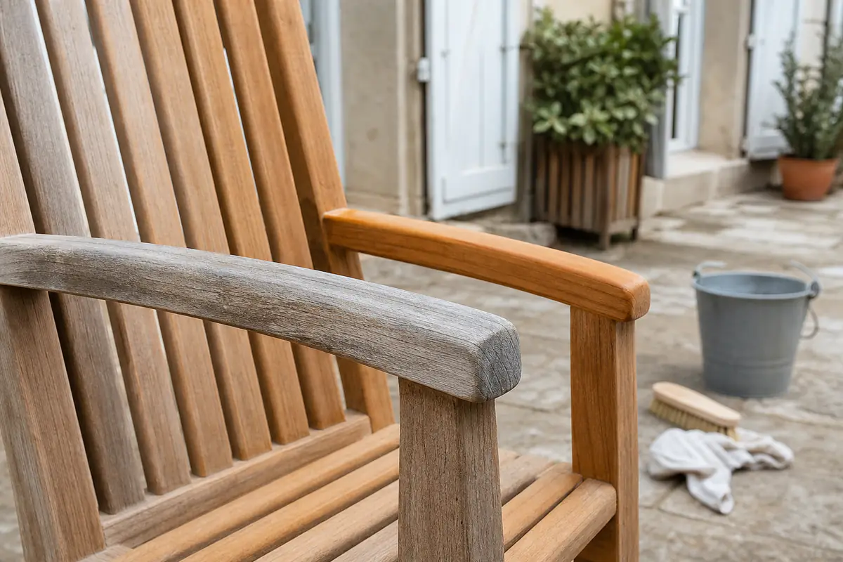 Chaise de jardin en teck à moitié dégrisée, contraste entre le bois gris argenté et la teinte dorée retrouvée