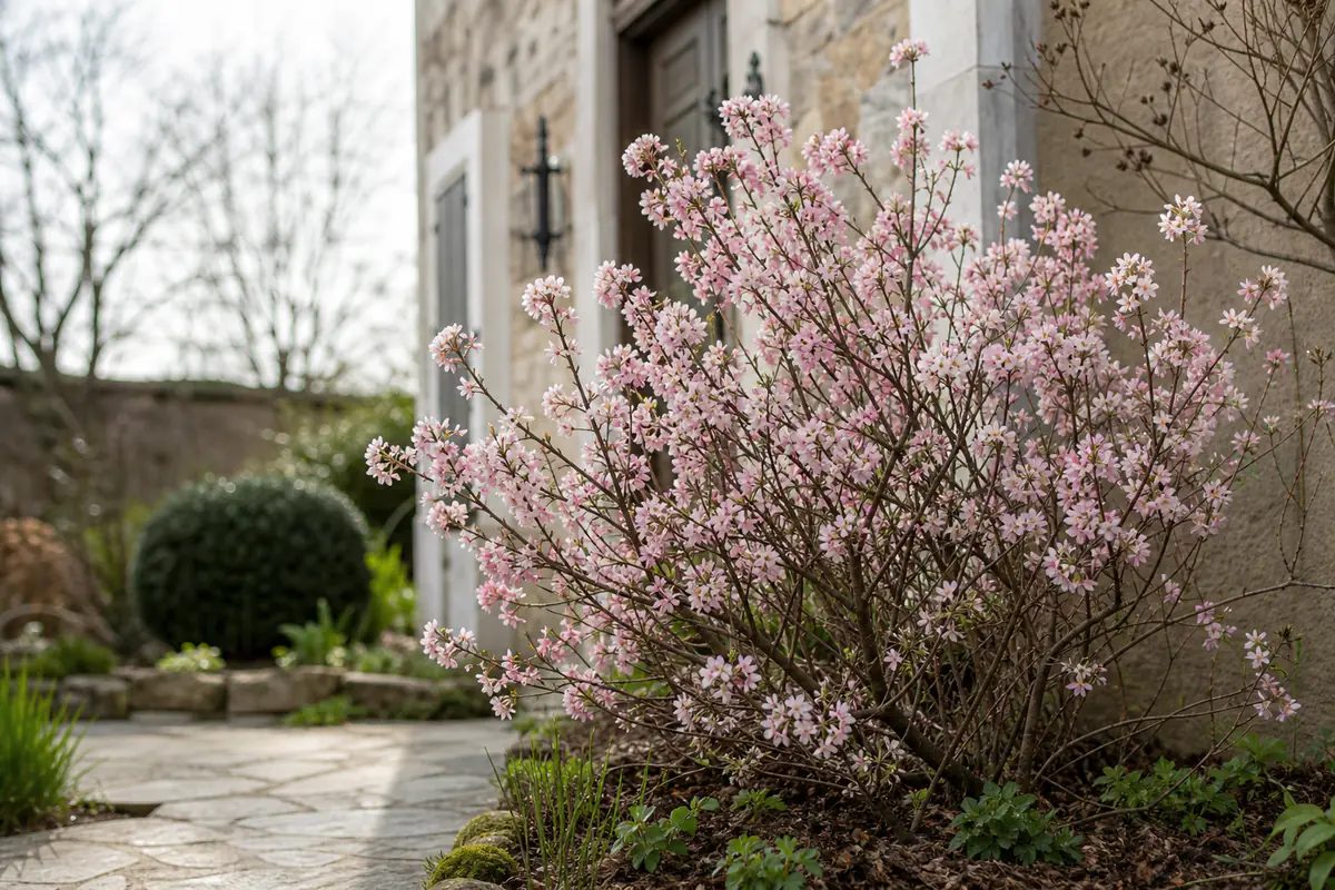 Viorne d’hiver en fleurs roses près d’une entrée de maison, dans un jardin français au soleil doux