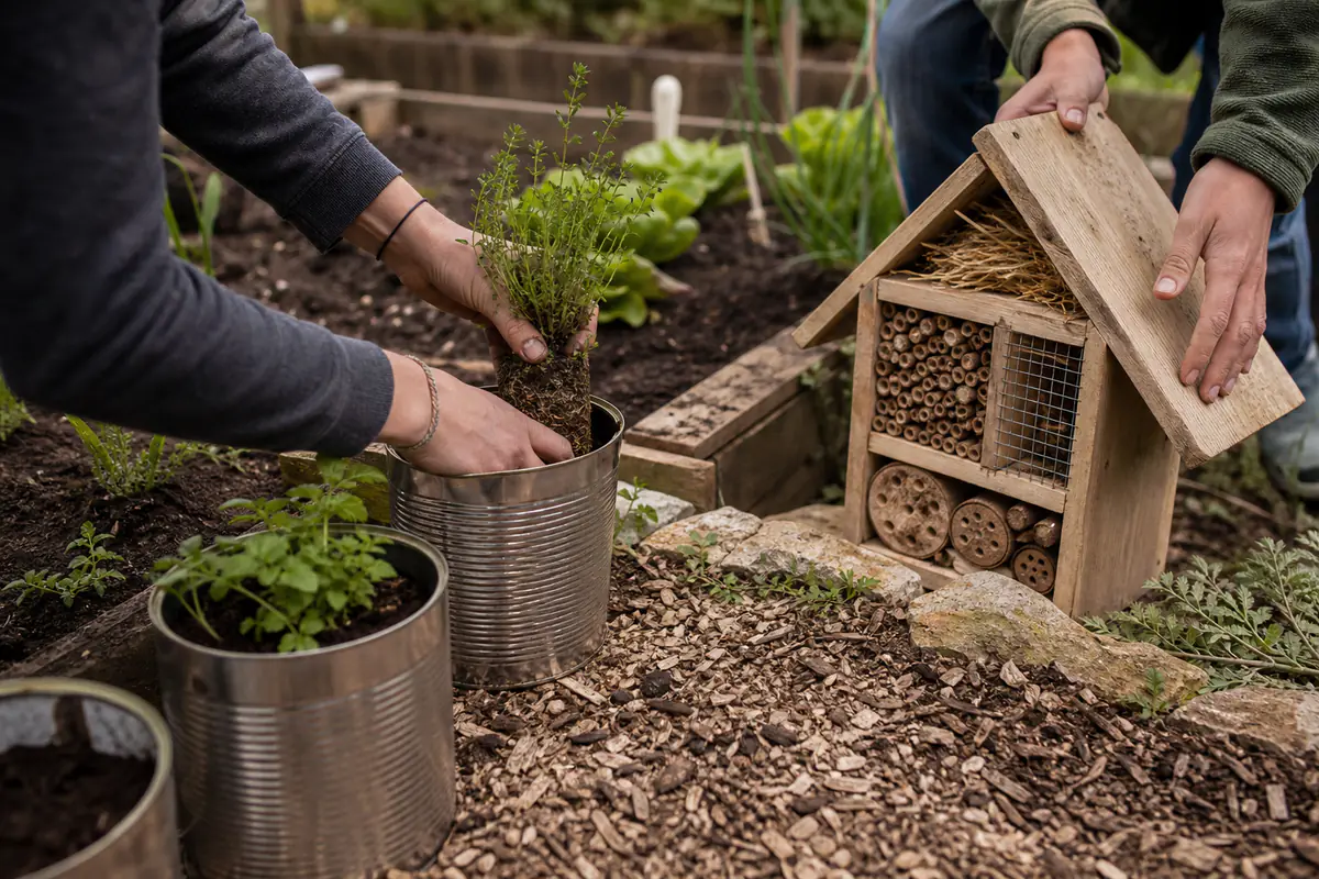 Jeunes mains plantant des aromatiques dans des bacs recyclés près d’un petit abri en bois au jardin