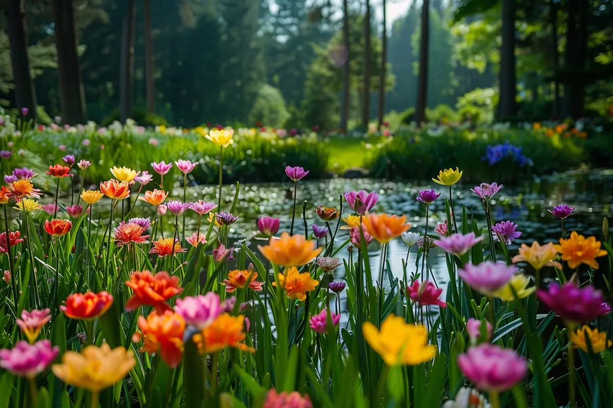 Touffe de narcisses, crocus et muscaris naturalisés sous un arbre dans un jardin français au printemps