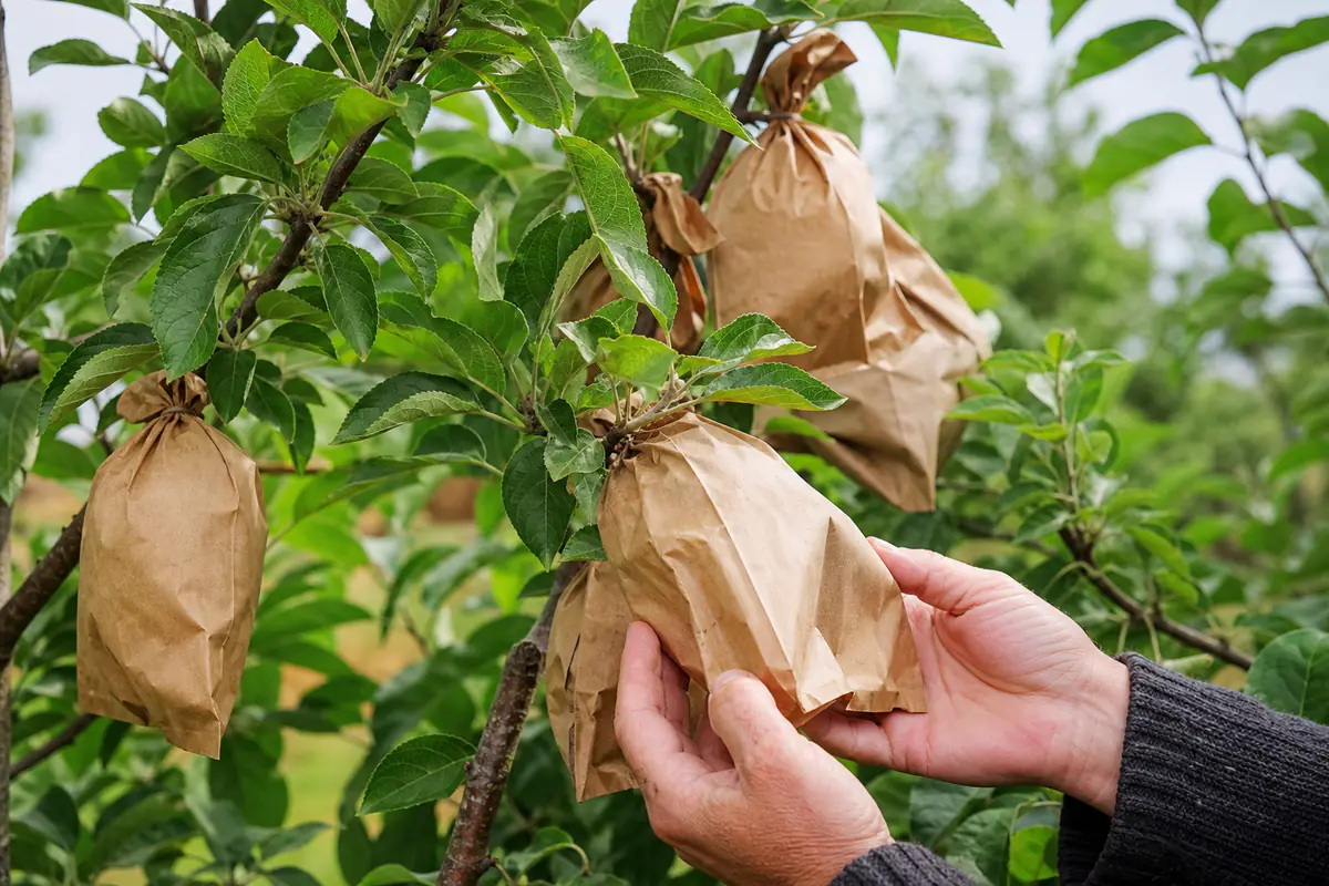 Jeunes pommes ensachées dans des sachets kraft respirants sur un pommier de jardin familial en été
