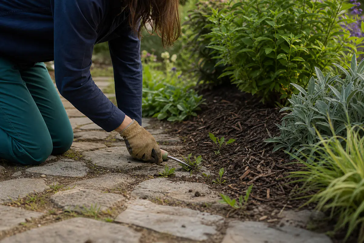 Jardinier retirant des herbes entre des dalles et posant un paillage organique dans un jardin français