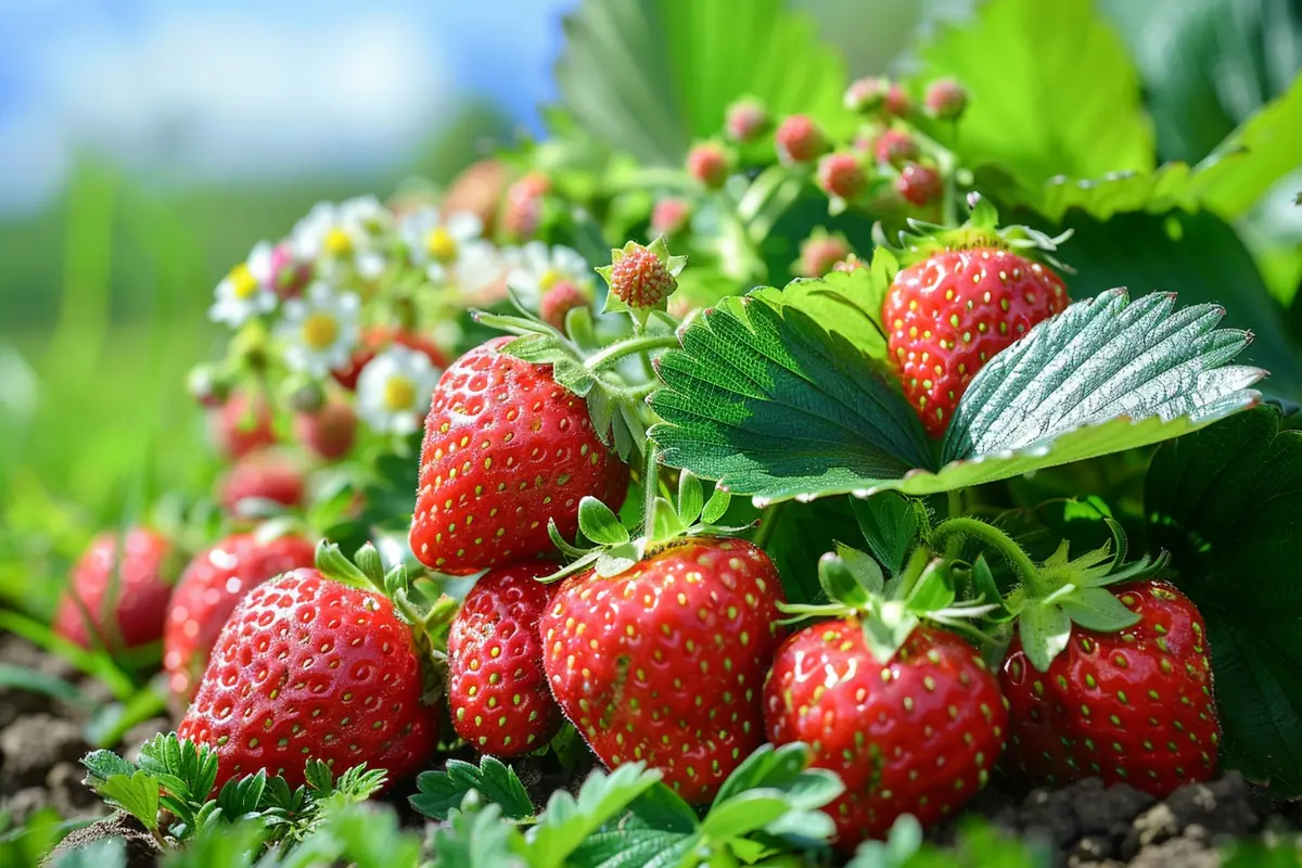 Rang de fraisiers paillés dans un potager français, avec des fruits rouges mûrs sous un feuillage sain