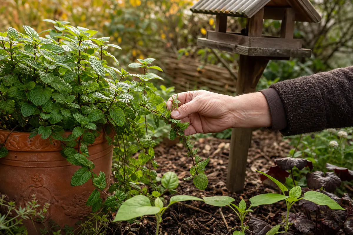 Menthe vigoureuse en pot près d’une mangeoire avec quelques jeunes semis sur un paillage de jardin