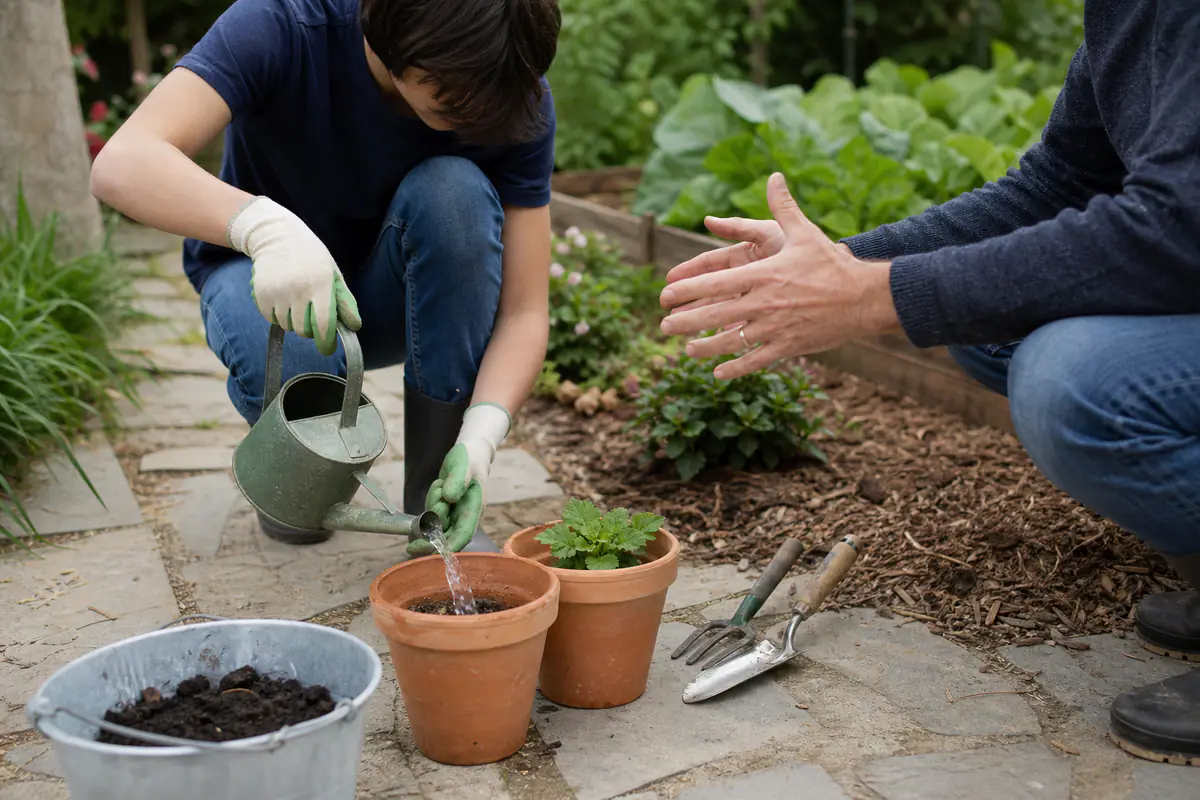 Jeune aidé par un adulte pour arroser des plantes en pots dans un jardin familial lumineux et sécurisé.