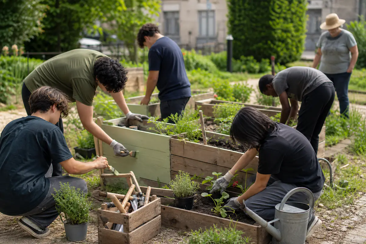 Des jeunes peignent un grand bac en bois et plantent des aromatiques dans un jardin collectif ensoleillé.