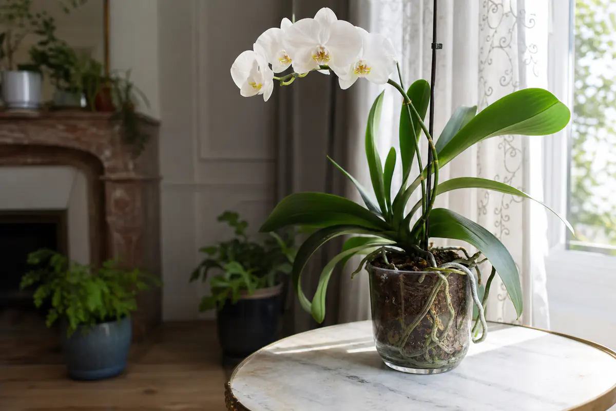 Orchidée phalaenopsis blanche en fleurs sur un rebord de fenêtre lumineux, dans un intérieur français végétalisé