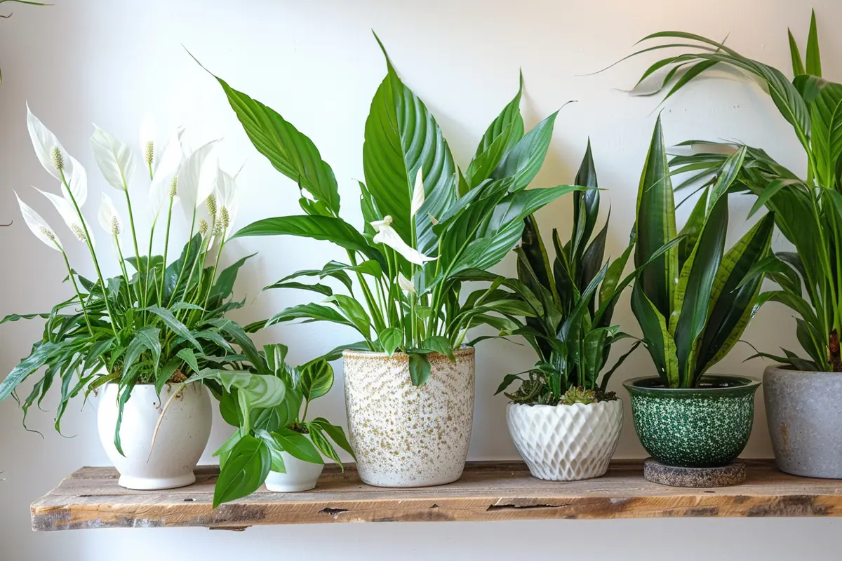 Salon français lumineux avec chlorophytum, kentia et pothos près d’une fenêtre ouverte, dans des pots percés.