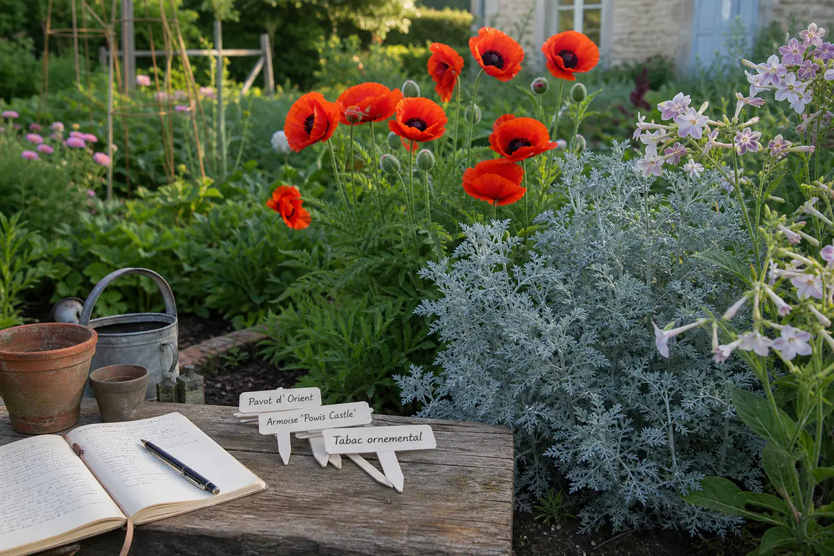 Jardin familial français avec étiquettes botaniques devant absinthe, pavot d’Orient et tabac d’ornement