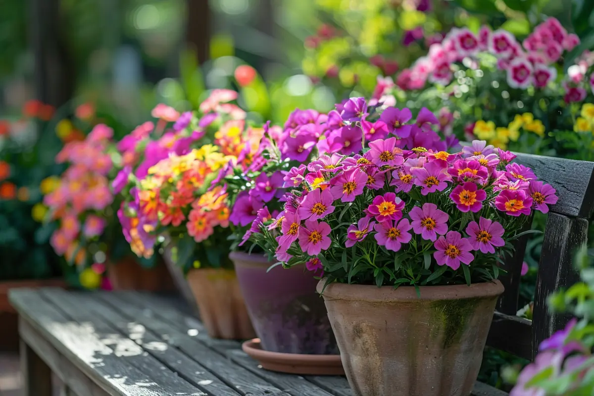 Potées fleuries durables mêlant verveines, bidens et feuillages sur un balcon français ensoleillé