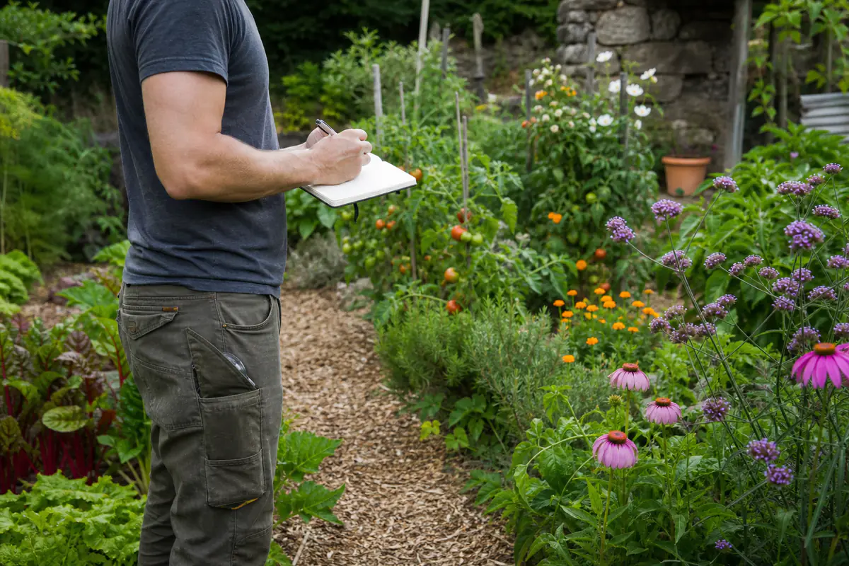Jardinière notant récoltes et floraisons dans un carnet au milieu d’un potager familial diversifié
