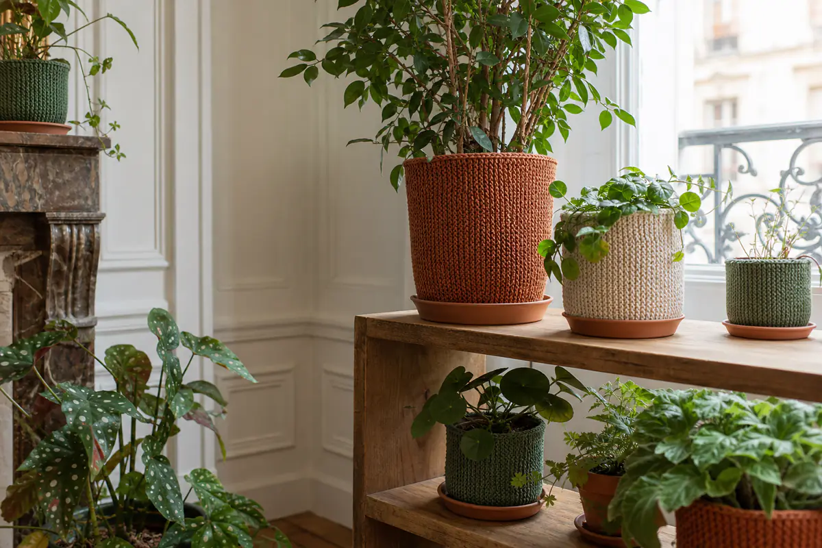 Cache-pots de plantes d’intérieur habillés de mailles beige et vert sauge sur une étagère en bois lumineuse