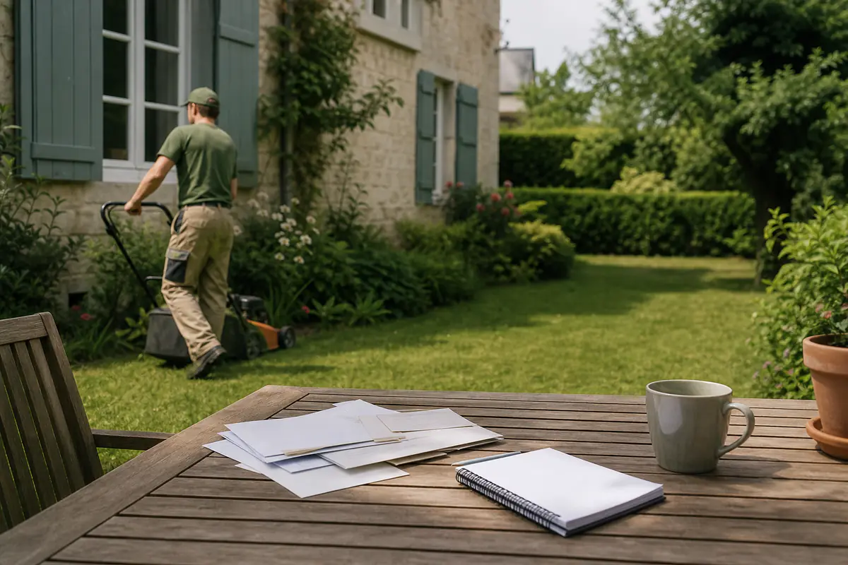 Un jardinier tond une pelouse près d’une maison tandis qu’un dossier de factures est posé sur une table de jardin.